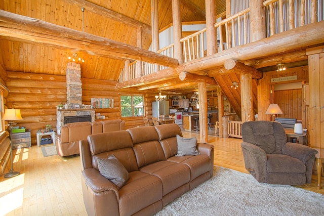 2338 Olson Rd, Blackhoof Twp, MN 55718 - living room with rustic walls, a wooden ceiling with exposed beams, high vaulted ceiling, hardwood / wood-style floors, and a chandelier