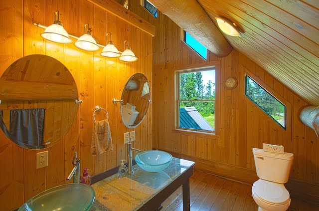 2338 Olson Rd, Blackhoof Twp, MN 55718 - bathroom with hardwood / wood-style flooring, lofted ceiling, wooden walls, and double vanity