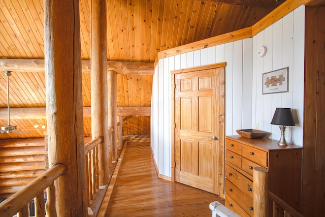 2338 Olson Rd, Blackhoof Twp, MN 55718 - hall with wood ceiling, hardwood / wood-style floors, rustic walls, and wood walls