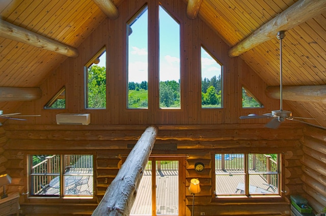 2338 Olson Rd, Blackhoof Twp, MN 55718 - detailed view of a ceiling fan, a wood ceiling with exposed beams, and rustic walls