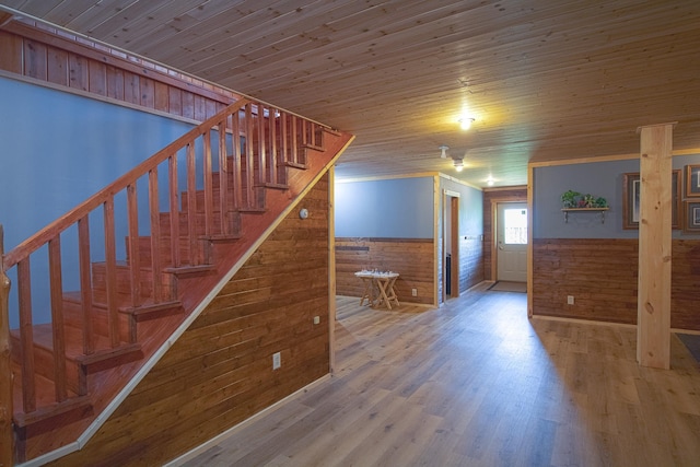 2338 Olson Rd, Blackhoof Twp, MN 55718 - stairway featuring a wainscoted wall, wood walls, wood finished floors, and wood ceiling