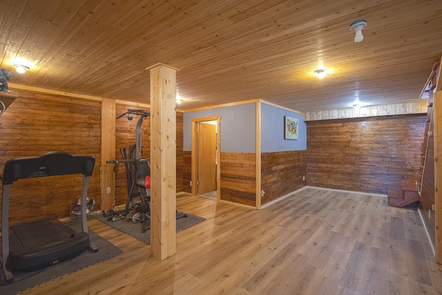 2338 Olson Rd, Blackhoof Twp, MN 55718 - exercise room with a wood stove, wooden walls, wood finished floors, and wood ceiling