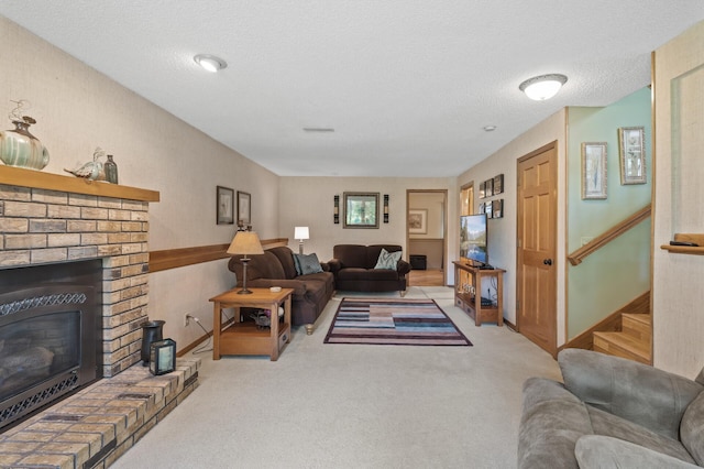 6469 Deerwood Ln N, Maple Grove, MN 55369 - living room with carpet, stairway, and a brick fireplace