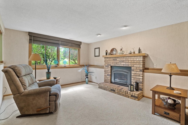 6469 Deerwood Ln N, Maple Grove, MN 55369 - carpeted living area with a textured ceiling and a brick fireplace
