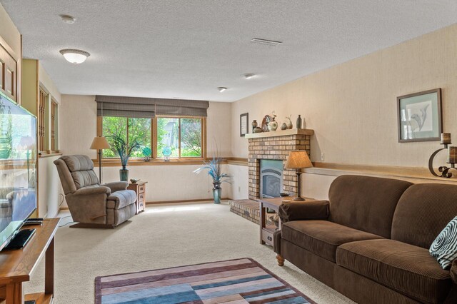 6469 Deerwood Ln N, Maple Grove, MN 55369 - living area with carpet flooring, a fireplace, and a textured ceiling