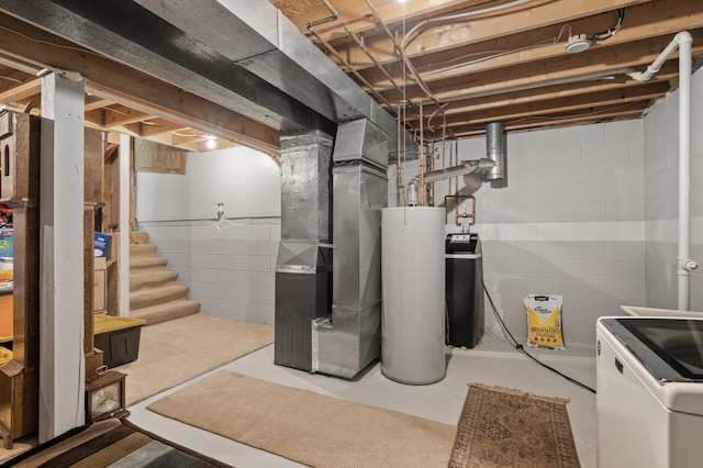 6469 Deerwood Ln N, Maple Grove, MN 55369 - unfinished below grade area featuring washer / dryer, water heater, heating unit, and stairs