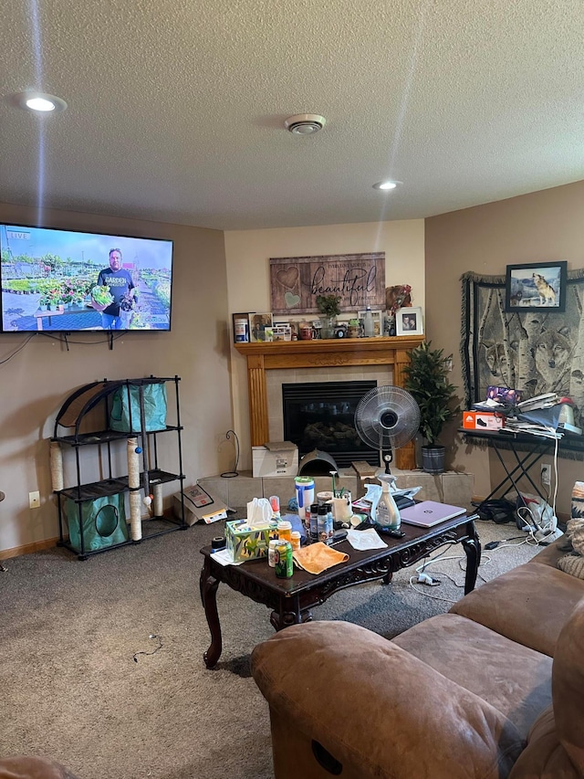 11162 Olympia Ave, Becker, MN 55308 - carpeted living room with a textured ceiling, a glass covered fireplace, and recessed lighting