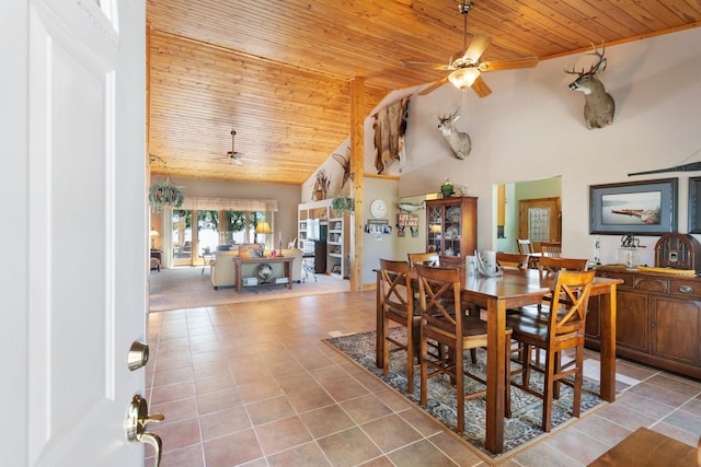 2282 71st St, Georgetown Twp, WI 54853 - tiled dining area with ceiling fan, wood ceiling, and high vaulted ceiling