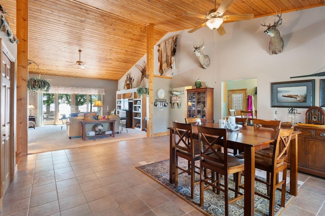 2282 71st St, Georgetown Twp, WI 54853 - tiled dining area featuring ceiling fan, wood ceiling, and high vaulted ceiling