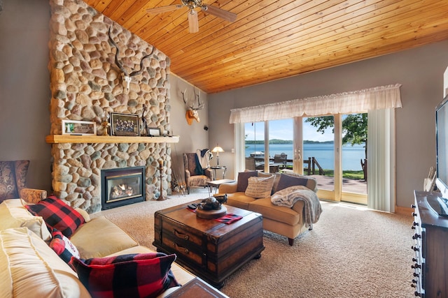 2282 71st St, Georgetown Twp, WI 54853 - living room featuring wooden ceiling, carpet flooring, ceiling fan, lofted ceiling, and a stone fireplace