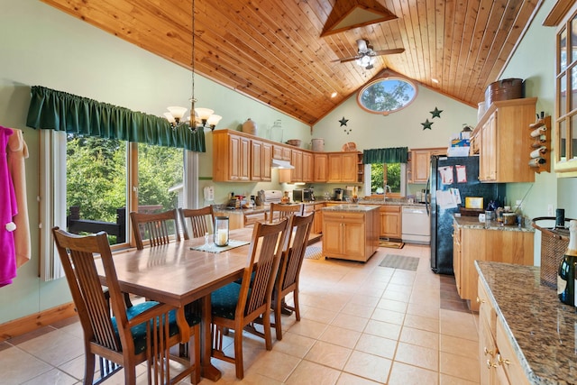2282 71st St, Georgetown Twp, WI 54853 - dining area featuring high vaulted ceiling, light tile patterned floors, a chandelier, a ceiling fan, and wooden ceiling