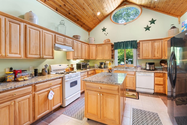 2282 71st St, Georgetown Twp, WI 54853 - kitchen with white appliances, under cabinet range hood, high vaulted ceiling, wood ceiling, and open shelves