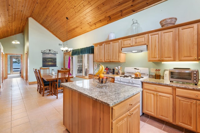 2282 71st St, Georgetown Twp, WI 54853 - kitchen featuring under cabinet range hood, white range with gas stovetop, light tile patterned floors, wooden ceiling, and high vaulted ceiling