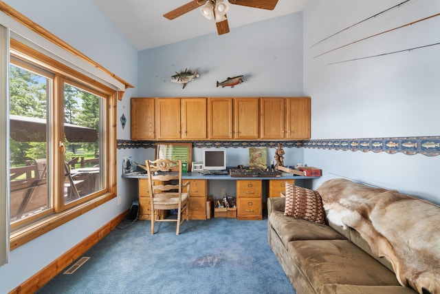 2282 71st St, Georgetown Twp, WI 54853 - carpeted office featuring built in desk, ceiling fan, and vaulted ceiling