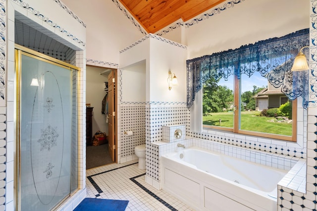 2282 71st St, Georgetown Twp, WI 54853 - bathroom with wooden ceiling, a shower stall, a whirlpool tub, tile patterned floors, and lofted ceiling