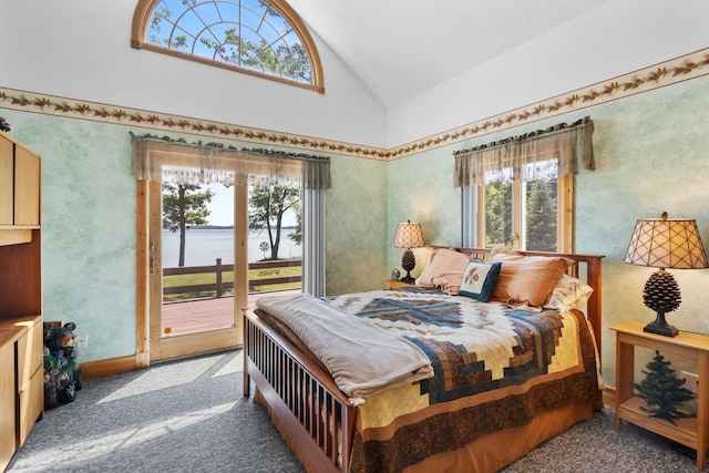 2282 71st St, Georgetown Twp, WI 54853 - bedroom with access to exterior, multiple windows, a water view, carpet floors, and high vaulted ceiling