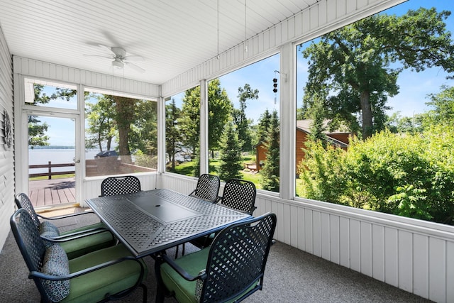 2282 71st St, Georgetown Twp, WI 54853 - sunroom featuring a ceiling fan, a water view, and plenty of natural light