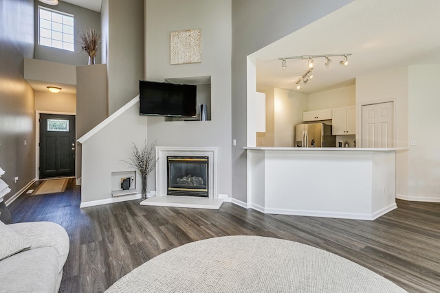 16835 78th Pl N, Maple Grove, MN 55311 - unfurnished living room featuring dark wood-style flooring, track lighting, a high ceiling, and a glass covered fireplace
