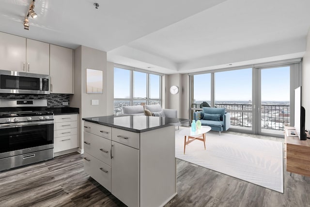 929 Portland Ave Unit 2106, Minneapolis, MN 55404 - kitchen featuring stainless steel appliances, open floor plan, dark wood-style floors, dark countertops, and backsplash