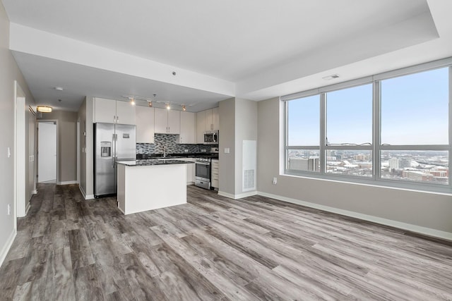 929 Portland Ave Unit 2106, Minneapolis, MN 55404 - kitchen featuring stainless steel appliances, rail lighting, tasteful backsplash, wood finished floors, and dark countertops