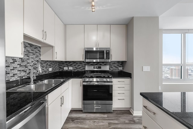 929 Portland Ave Unit 2106, Minneapolis, MN 55404 - kitchen featuring appliances with stainless steel finishes, wood finished floors, white cabinetry, and tasteful backsplash