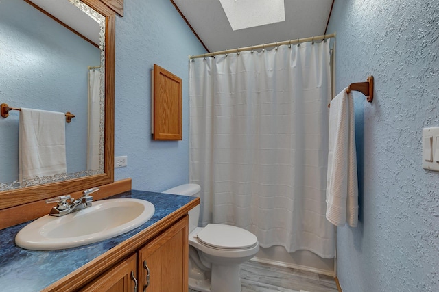 57975 226th St, Litchfield, MN 55355 - bathroom featuring a textured wall, a skylight, vanity, wood finished floors, and a shower with curtain