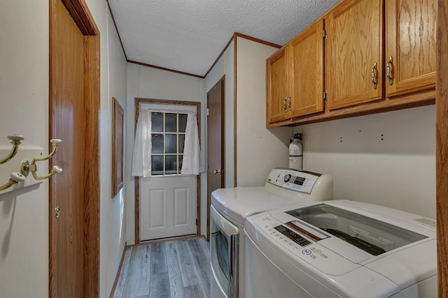 57975 226th St, Litchfield, MN 55355 - laundry area with cabinet space, washer and dryer, light wood-style flooring, a textured ceiling, and crown molding