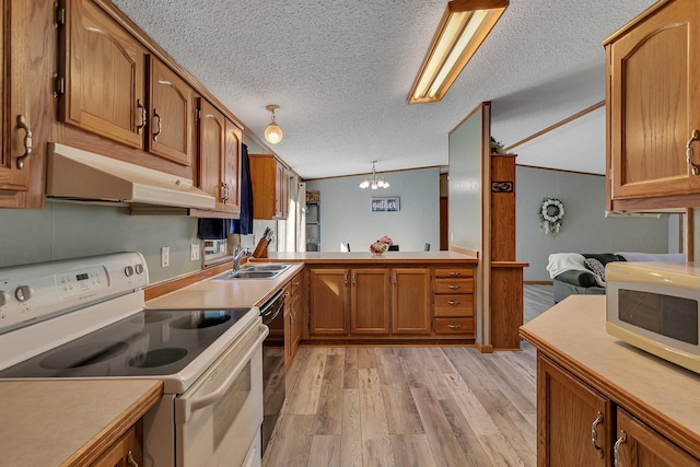 57975 226th St, Litchfield, MN 55355 - kitchen featuring white appliances, under cabinet range hood, brown cabinets, light wood-type flooring, and a textured ceiling