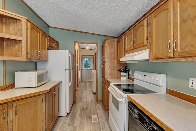 57975 226th St, Litchfield, MN 55355 - kitchen with white appliances, light wood-type flooring, a textured ceiling, under cabinet range hood, and crown molding