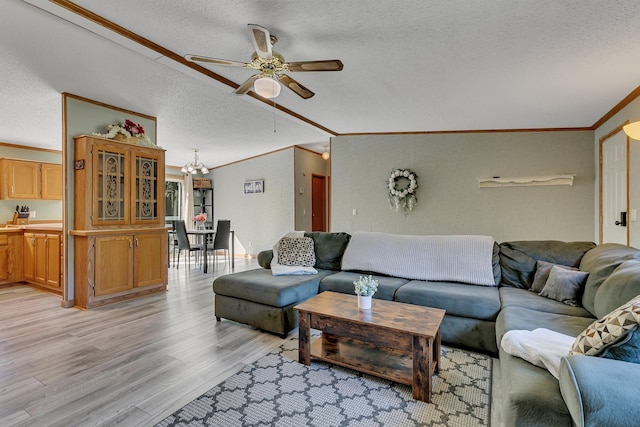 57975 226th St, Litchfield, MN 55355 - living area featuring crown molding, a textured ceiling, light wood finished floors, a ceiling fan, and a chandelier