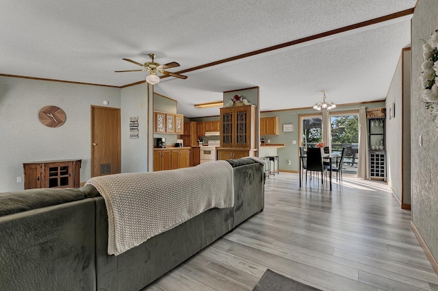 57975 226th St, Litchfield, MN 55355 - living room with a textured ceiling, ornamental molding, a chandelier, a ceiling fan, and light wood-style flooring