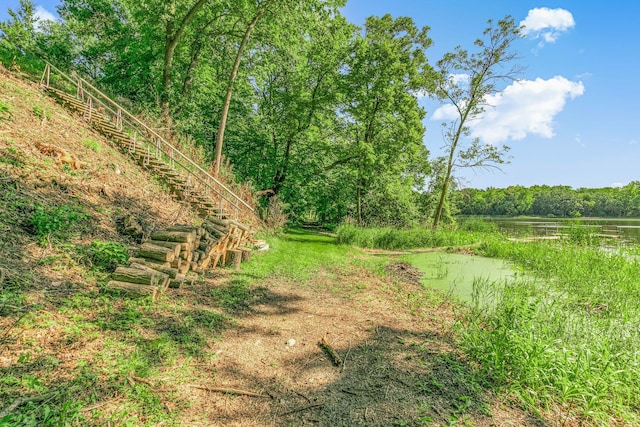 57975 226th St, Litchfield, MN 55355 - view of yard with stairway, a water view, and a forest view