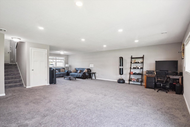 15005 Quintana St NW, Ramsey, MN 55303 - living room with carpet floors, an office area, recessed lighting, and stairs
