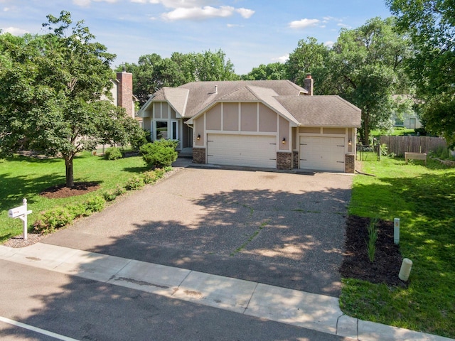 10989 Eagle Lake Blvd, Maple Grove, MN 55369 - tudor house with driveway, a chimney, an attached garage, and roof with shingles