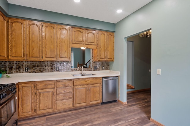 10989 Eagle Lake Blvd, Maple Grove, MN 55369 - kitchen featuring dishwasher, range with gas stovetop, decorative backsplash, wood finished floors, and light countertops