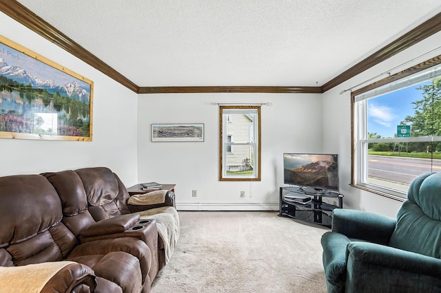 404 2nd St W, Jordan, MN 55352 - living area featuring baseboard heating, ornamental molding, carpet floors, a textured ceiling, and plenty of natural light