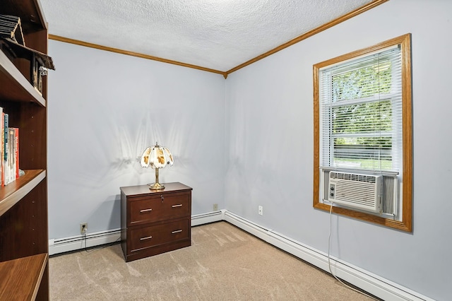 404 2nd St W, Jordan, MN 55352 - detailed view of a baseboard radiator, ornamental molding, carpet, a textured ceiling, and cooling unit