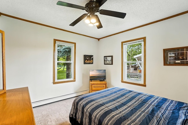404 2nd St W, Jordan, MN 55352 - carpeted bedroom featuring a baseboard radiator, ornamental molding, a textured ceiling, and a ceiling fan