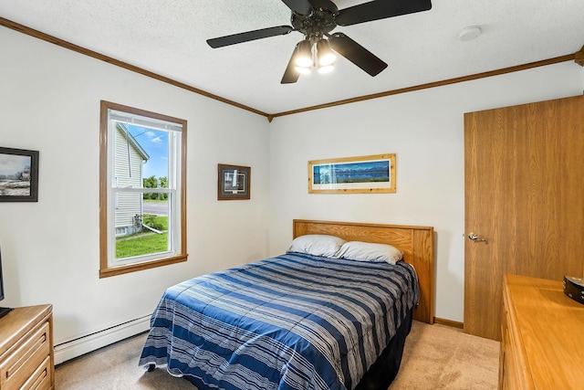 404 2nd St W, Jordan, MN 55352 - bedroom featuring baseboard heating, light carpet, ornamental molding, and ceiling fan