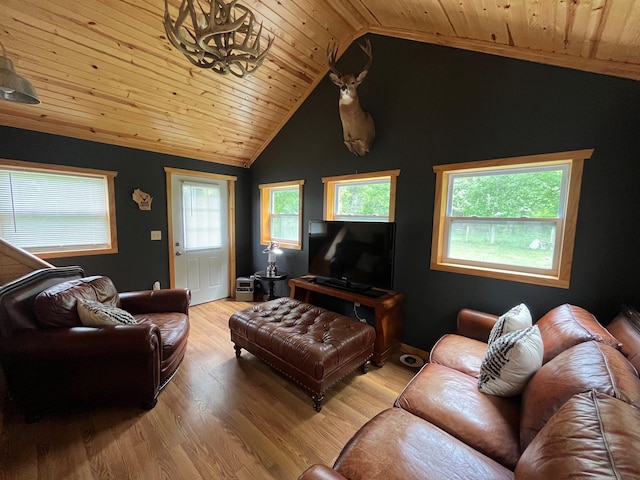 20796 River Rd, Grantsburg, WI 54840 - living area featuring wood ceiling, vaulted ceiling, wood finished floors, and a chandelier
