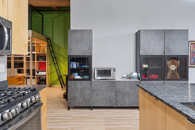 406 Wacouta St Unit 207, Saint Paul, MN 55101 - kitchen featuring stainless steel appliances, gray cabinets, light wood finished floors, and dark stone counters