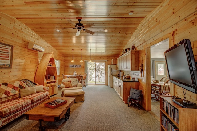 37566 Tulaby Lake Dr, Waubun, MN 56589 - living room with light colored carpet, wood ceiling, an AC wall unit, a ceiling fan, and wooden walls