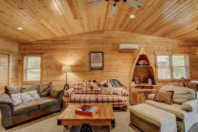 37566 Tulaby Lake Dr, Waubun, MN 56589 - living room with vaulted ceiling, a wall unit AC, recessed lighting, a ceiling fan, and wooden walls
