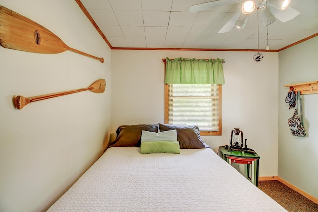 37566 Tulaby Lake Dr, Waubun, MN 56589 - bedroom featuring ornamental molding, ceiling fan, and carpet floors