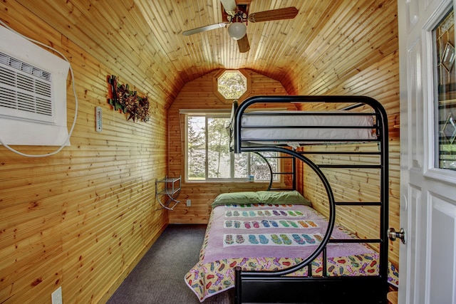 37566 Tulaby Lake Dr, Waubun, MN 56589 - carpeted bedroom with wood walls, vaulted ceiling, wooden ceiling, and a wall mounted air conditioner