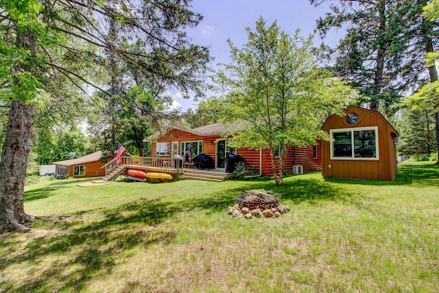 37566 Tulaby Lake Dr, Waubun, MN 56589 - back of property with a fire pit, a wooden deck, and a yard