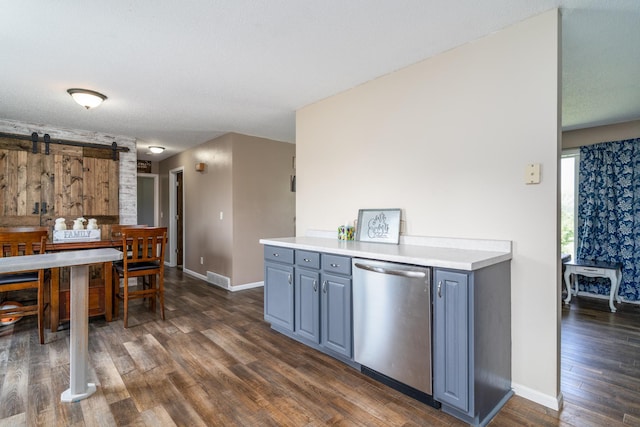 28736 160th Ave SW, Kertsonville Twp, MN 56716 - kitchen featuring stainless steel dishwasher, a barn door, dark wood-style floors, gray cabinetry, and light countertops
