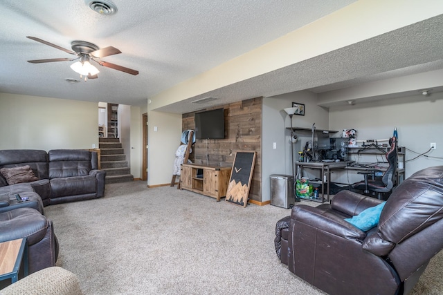 28736 160th Ave SW, Kertsonville Twp, MN 56716 - carpeted living room featuring a textured ceiling, stairs, and ceiling fan