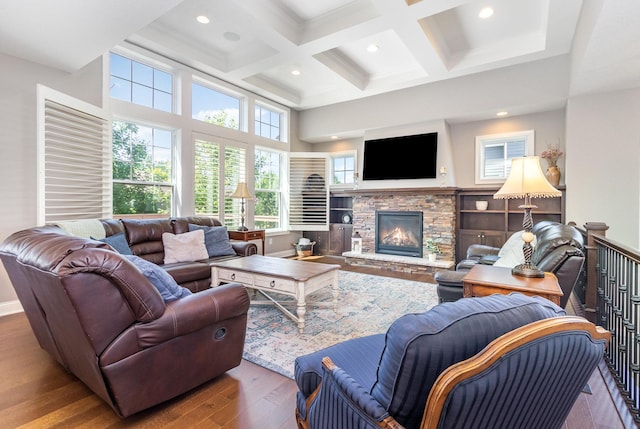 1621 Dutch Lake Dr, Minnetrista, MN 55364 - living room featuring hardwood / wood-style flooring, beamed ceiling, recessed lighting, coffered ceiling, and a high ceiling
