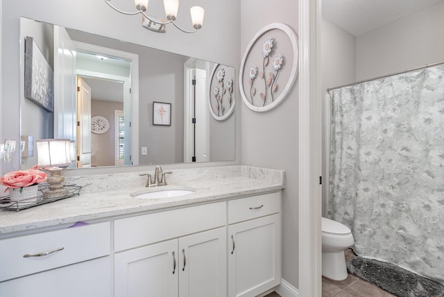 1621 Dutch Lake Dr, Minnetrista, MN 55364 - full bathroom with vanity, tile patterned flooring, a shower with shower curtain, and a chandelier